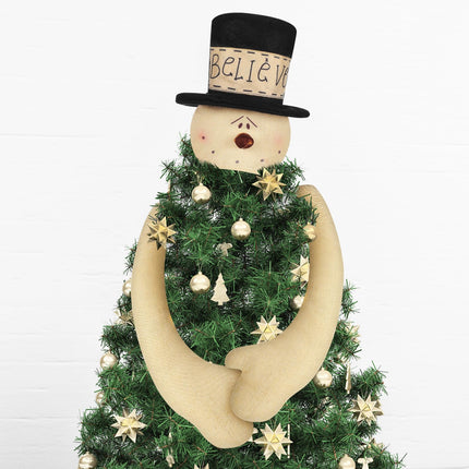 Believe Snowman Christmas Tree Topper Primitive Style Large Snowman Treetop Decorations for Tree Ornament Holiday Festival Home Supplies Winter Christmas Party Decoration