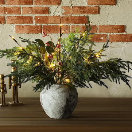 XunYee 8 Pcs 30" Christmas Pine Branches, 6 Pcs Christmas Norfolk Pine Branches Artificial Pine Stem 2 Pcs Lighted Brown Willow Picks DIY Craft Garland for Xmas Holiday Party Home Indoor Outdoor Decor