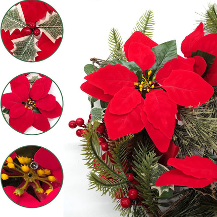 2 Pack Poinsettia Garland Christmas Decorations, Velvet Silk Artificial Flowers 6ft Garland with Red Berries and Holly Leaves for Indoor Outdoor Party Tree Decor