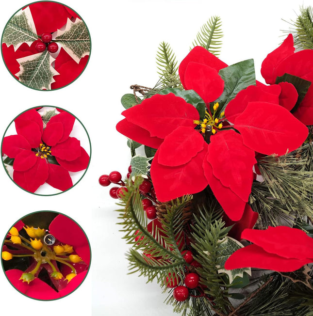 2 Pack Poinsettia Garland Christmas Decorations, Velvet Silk Artificial Flowers 6ft Garland with Red Berries and Holly Leaves for Indoor Outdoor Party Tree Decor