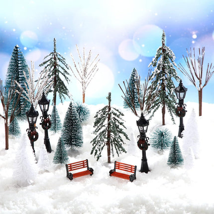 Aoriher 28 Pieces Christmas Mini Artificial Decor Village Tree Set 22 Frosted Christmas Pine Trees and Snow Covered Village Trees 4 Xmas Street Lamp Post and 2 Miniature Park Bench Seat for Christmas