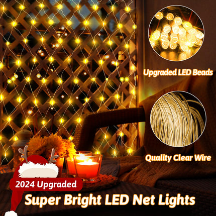 200 LED Christmas Net Lights Outdoor Decorations 3M2M Mesh Lights Fairy String Lights Plug in with Remote Timer 8 Modes Waterproof for Outside Bush Window Wall Patio Fence Party Decor-Warm White