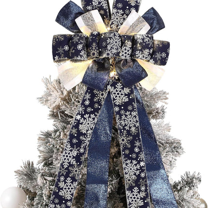 Zeyune Christmas Tree Topper 12 x 45 inches Large Christmas Bows LED Lights Glitter Satin Mesh Streamer Snowflake Ribbon Decorative Bows for Christmas Tree Decorations(Blue)