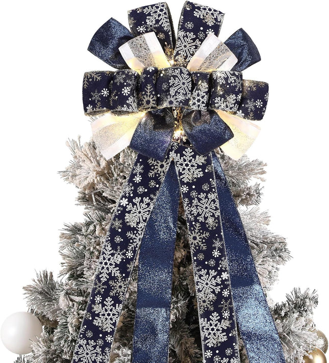 Zeyune Christmas Tree Topper 12 x 45 inches Large Christmas Bows LED Lights Glitter Satin Mesh Streamer Snowflake Ribbon Decorative Bows for Christmas Tree Decorations(Blue)