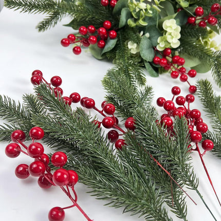 CIEOVO 54 Pieces Christmas Picks, 36 Artificial Pine Needles Branches Garland and 18 Christmas Picks Artificial Red Berry Stems Fake Holly Berries for Christmas Tree 0rnaments DIY Wreath Vase Holiday