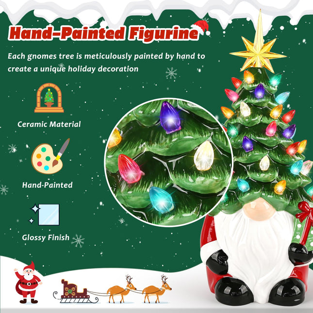Ceramic Christmas Gnomes Tree Lighted Decorations, Lighted Up Ceramic Gnomes Figurine Christmas Table Decor with Pastel Colored LED Lights Indoor Tabletop Holiday Decoration, 12 Inches