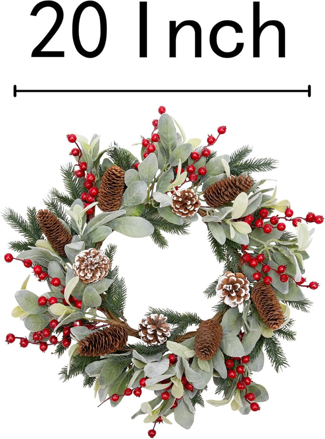 VGIA 20 Inch Christmas Wreath for Front Door Flocked Lambs Ear Wreath with Pine Needles Pinecones Red Berries Christmas Decorations for Indoor Outdoor Xmas Decor