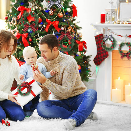 Whaline 8Pcs Mini Christmas Wreath with 8Pcs Mini Plaid Bows Christmas Pine Wreaths Black White Red Bow Christmas Hanging Ornaments for Christmas Tree Window Wall Door Holiday Festival Decoration
