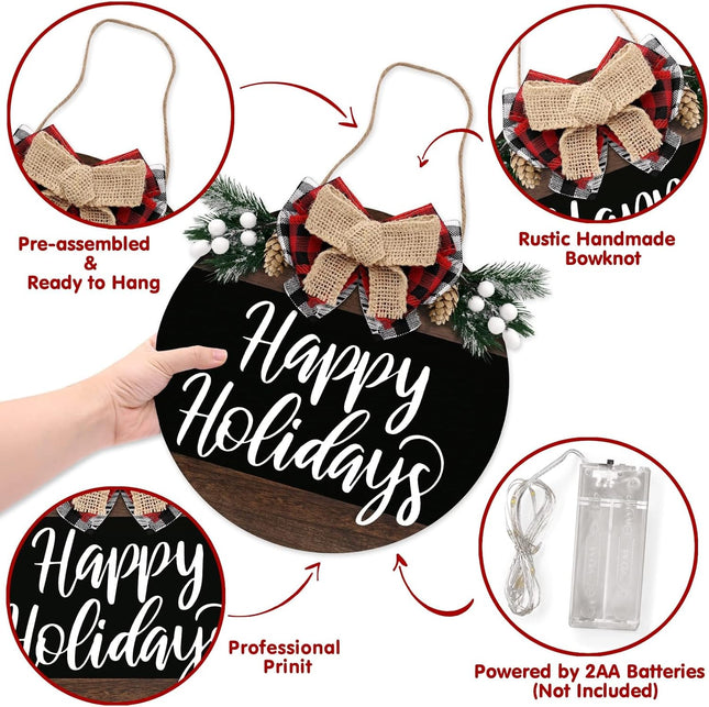 Distaratie Happy Holidays Door Wreath Sign Christmas Decorations Buffalo Plaid Natural Wood LED Light Xmas Hanging Decor for Front Door Window Rustic Farmhouse Indoor Outdoor, Grain Black,12 Inches