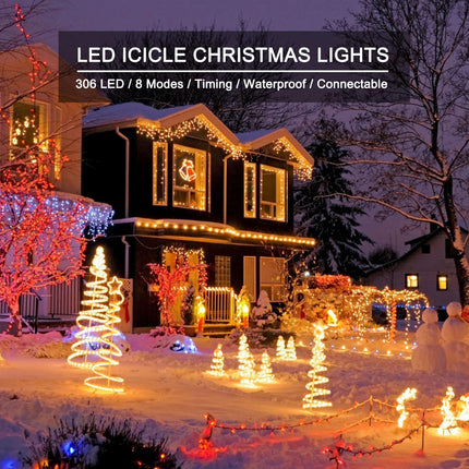 Icicle Lights Outdoor, 19.6FT 306 LED Christmas Lights with 54 Drops, Dimmable Hanging Lights with Remote, Timer, and 8 Light Modes, Connectable Twinkle Fairy Lights Holiday Decorations, Warm White