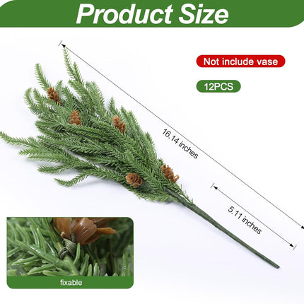 Artificial Christmas Norfolk Pine Stems Branches for Vases,12 Bundles Fake Faux Evergreen Green Real Feel Touch Stem Greenery with Pine Cones for Xmas Holiday Winter Table Indoor Decoration