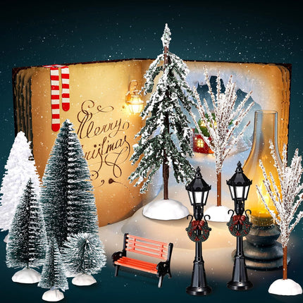 Aoriher 28 Pieces Christmas Mini Artificial Decor Village Tree Set 22 Frosted Christmas Pine Trees and Snow Covered Village Trees 4 Xmas Street Lamp Post and 2 Miniature Park Bench Seat for Christmas