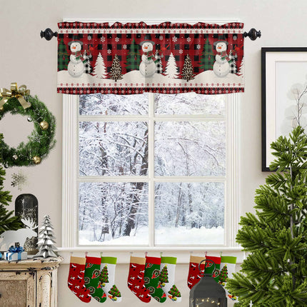 Christmas Snowman Curtain Valances for Windows Living Room, Winter Snowflake Xmas Tree Curtain Toppers and Valances for Bedroom, Bird Red Black Plaid Rod Pocket Kitchen Curtains Valances 54"x18"