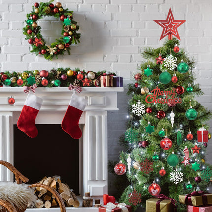 73 Pcs Christmas Tree Decorations Set Christmas Tree Pickle Ornaments Xmas Tree Topper Hanging Ball Snowflake Ornaments for Christmas Holiday Party(Stylish,Red, Green)