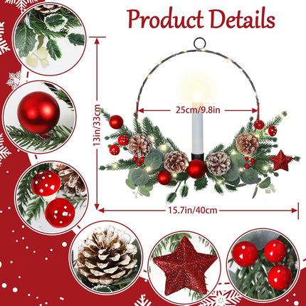 Weldomcor 2Pack Christmas Wreath with LED Taper Candle Lights Pine Cones Berries, Artificial Plant Hoop Wreath Winter Xmas Decorations for Front Door Window Fireplace Home Wall Hanging Holiday Party