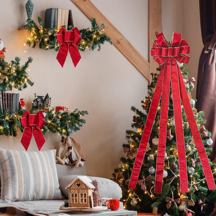 Red Bows for Christmas Tree 13x 53 Inch/Pieces Christmas Tree Topper Bow Red Velvet Fabric Bows Winter Decor for Home Christmas Garland Wedding Party (Red)
