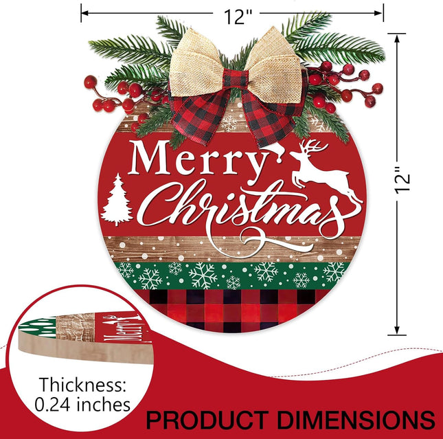 Deroro Merry Christmas Tree Deer Front Door Sign, Xmas Holiday Snowflake Plaid Wood Door Hanger Outdoor Outside Porch Decor, Farmhouse Wooden Wreath with Bow Red Berry Indoor Wall Hanging Decoration