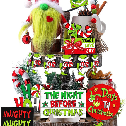 18 Pcs Christmas Tiered Tray Decor Set Lime Green Red Gnome Plush Christmas Wooden Sign Bead Garland Christmas Centerpiece Table Xmas Decorations for Home Farmhouse Holiday Table Indoor Decor