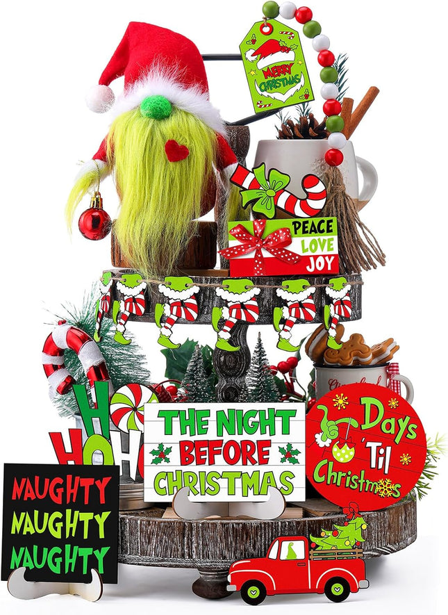 18 Pcs Christmas Tiered Tray Decor Set Lime Green Red Gnome Plush Christmas Wooden Sign Bead Garland Christmas Centerpiece Table Xmas Decorations for Home Farmhouse Holiday Table Indoor Decor