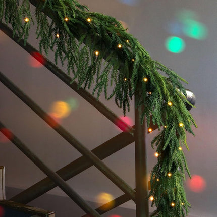 Jin&Bao 6FT Real Touch Norfolk Pine Garlands, Christmas Garland with Lights, Christmas Decorations for Mantel Stairs Table Runner Outdoor Indoor Winter Decor, 50 LED with Timer 8 Modes