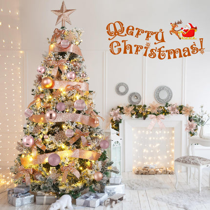 Poen 108 Pcs Christmas Tree Ornament Set Including Xmas Tree Ball Glitter Poinsettia Bows Berries Stems Leaves Snowflakes Ribbon Lights for Christmas Decoration(Rose Gold)