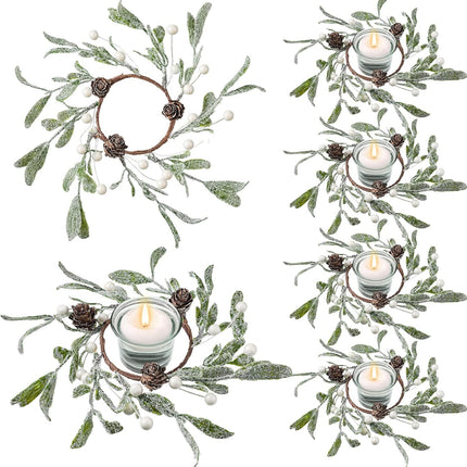 6 Pieces Christmas Pillar Candle Rings Frosted Mistletoe Wreaths with Pearl Accents Artificial Wreath Holiday Candle Rings for Holiday Parties and Home Decor