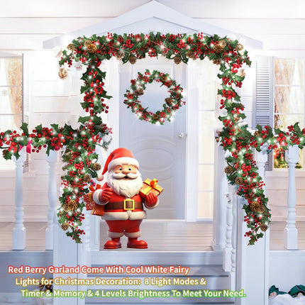 Christmas Garland with Lights Red Berry Pine Cone 6 FT Vines with Cool White Fairy Lights Faux Greenery Hanging Plant Lighted Christmas Garland for Mantle Fireplace Table Wall Door Decoration