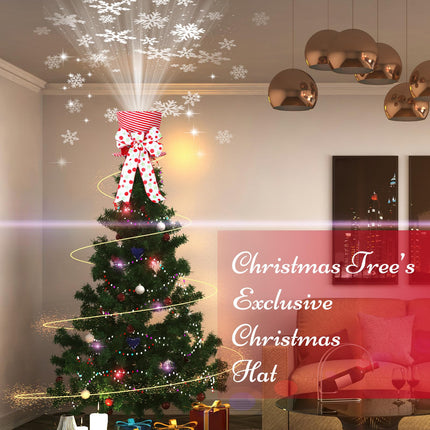 Christmas Tree Topper Hat Lighted with Snowflake Projector, White Bow with Red and Green Extended Ribbon Top Hat for Xmas Tree Decoration Festive Ideas Supplies