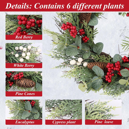 Christmas Wreath, Xmas Door Wreath with Hanger, Christmas Decor Winter Wreath with Red White Berry Pine Cone Eucalyptus, Artificial Wreath Decorations for Indoor Outdoor Use, 18 Inch