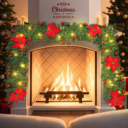 9ft Pre-lit Christmas Garland with Lights,Christmas Garlands for Stairs Railing,Pine Garland with Red Bows and Flowers,Christmas Decoration,Fireplace
