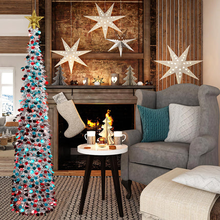 QUIENKITCH 6FT Pop Up Christmas Tinsel Tree, Collapsible Artificial Pencil Tree, Slim Xmas Trees with Topper Star for Indoor Fireplace Home Party Christmas Decor