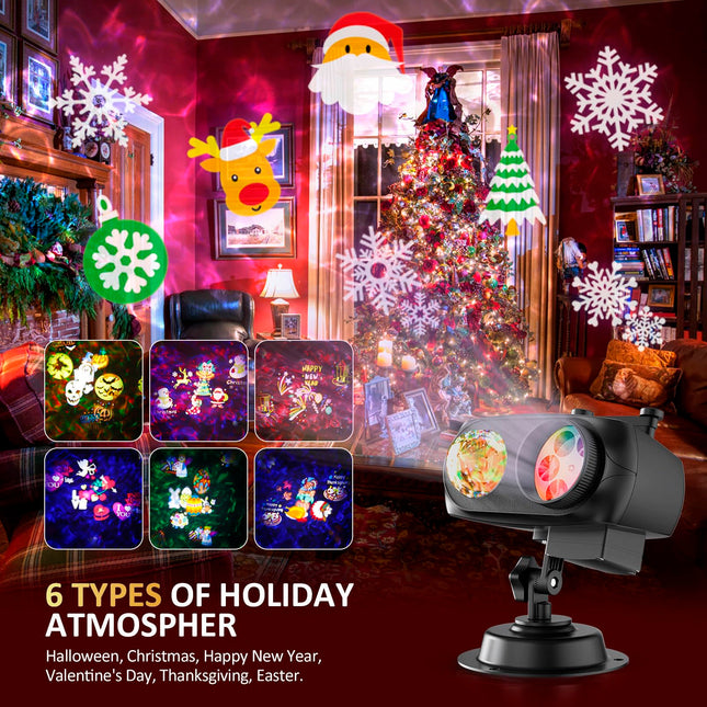 Christmas Projector Lights Outdoor, 2 in 1 HD Effect Holiday Projector, 80 HD Patterns 10 Water Wave Effects, with Remote Control, Timer Memory Function, 10 Slides for Various Festive