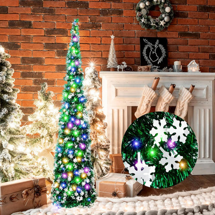Barydat 5ft Pop up Christmas Tree with Lights Collapsible Tinsel Trees Reusable Pull up Christmas Tree with Snowflakes Sequins Slim Pencil Tree for Christmas Party Holiday Fireplace Home(Green)