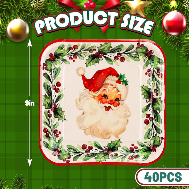 Whaline Christmas Paper Square Plates 40 Pieces Vintage Santa Claus Xmas Wreath Party Disposable Tableware Holiday Supplies for Home Kitchen Table Decor, 9 Inch
