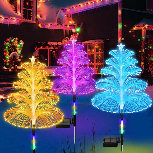 Solar Christmas Decorations Trees Lights Outdoor Waterproof Solar Christmas Tree Jellyfish Lights 5 Layer Optical Fiber 7 Color Changing for Pathway Lawn Patio Outside Decorative, 3PCS