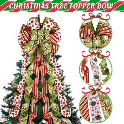 Grinchy Christmas Tree Topper Bow - 45'' x 13'' Large Glitter Polka Dot Wreath Bow with Peppermint Pattern Edge - Christmas Tree and Wreath Decor, Christmas Wired Ribbon Bow Decorations
