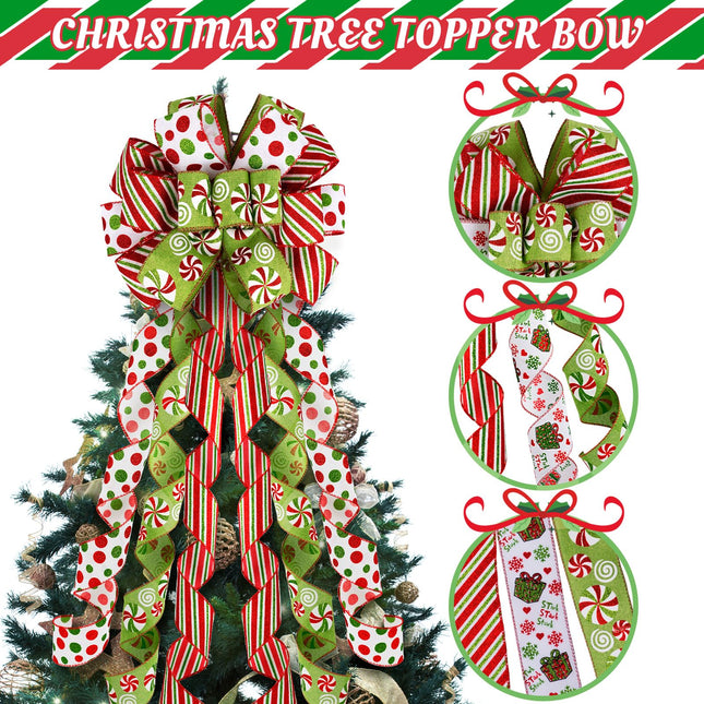 Grinchy Christmas Tree Topper Bow - 45'' x 13'' Large Glitter Polka Dot Wreath Bow with Peppermint Pattern Edge - Christmas Tree and Wreath Decor, Christmas Wired Ribbon Bow Decorations