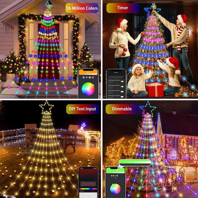 Outdoor Christmas Decorations Lights, 344 LEDs Color Changing Smart Waterfall Christmas Tree Lights with Remote & Sync Music, LED String Lights Outdoor Waterproof for Party Wedding Xmas Decor (12FT)
