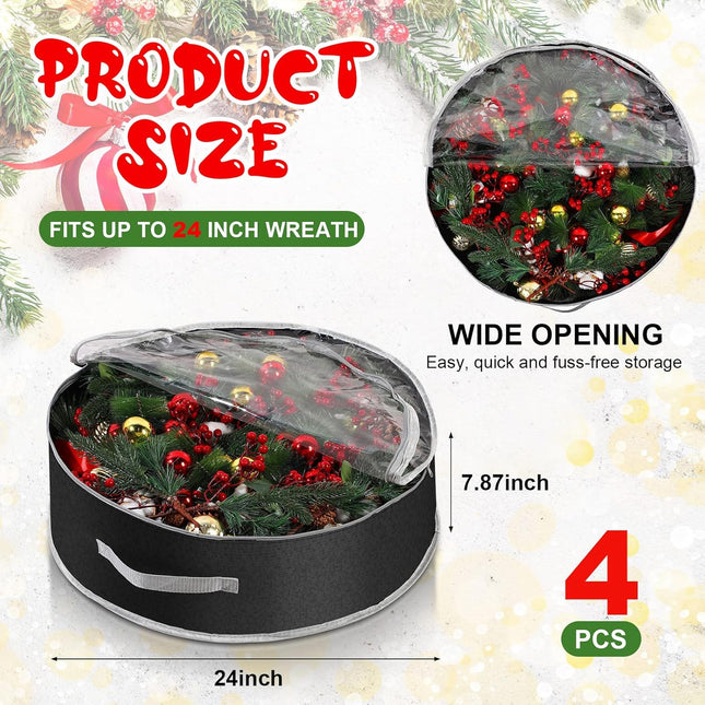 Aliceset 4 Pcs Christmas Wreath Storage Bags Large Garland Holiday Wreath Storage Containers with Window and Handle Zipper for Halloween Holiday Seasonal Storage Wrapping(24 x 24 x 7.8 Inch,Black)