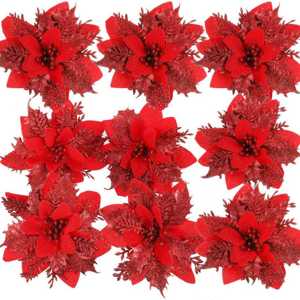 TOYANDONA 24 Pieces Christmas Glitter Poinsettia Flowers Christmas Tree Ornaments Artificial Flowers for Christmas Wreath Decoraiton (Red)