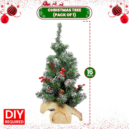 KatchOn, Burlap Base Mini Christmas Tree - 16 Inch Small Christmas Tree Artificial for Christmas Tabletop Decorations Christmas Pine Tree with Red Berries, Pine Cone for Christmas Decorations