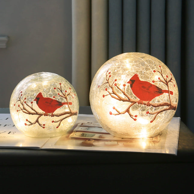 Crackle Glass Ball Cardinal Lamp with Timer, Light Up Red Cardinal Stained Glass Christmas Decor Accent Lamp, Lighted Red Bird Globe Glass Table Lamp, Orb Cardinal Night Light, Led Sphere Desk Lamp