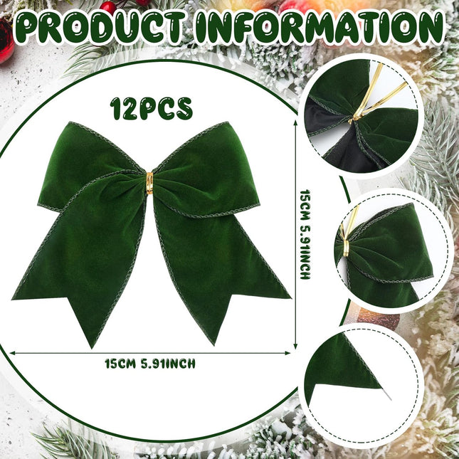 Janinka 12 Pcs Christmas Velvet Bows 6 Inch Rustic Wreath Bows Vintage Xmas Velvet Ribbon Bow Holiday Ornaments for Christmas Tree Garland DIY Craft Wrapping Decor (Green)