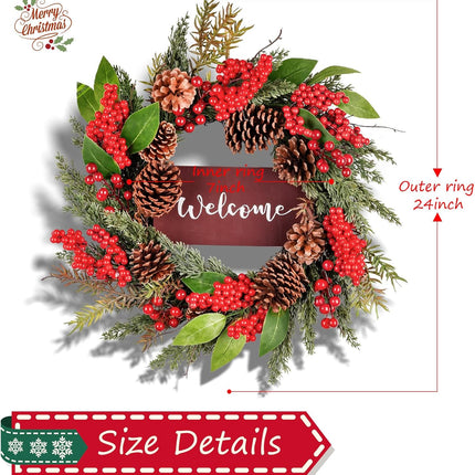 24 Inch Christmas Wreath for Front Door, Artificial with Welcome Sign, Pine Needles, Pine Cones, Red Berries Winter Xmas Wreath for Window Wall Fireplace Farmhouse Holiday Party Decoration