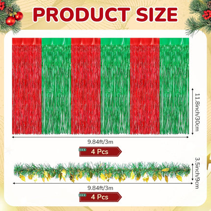 Crowye 10 Pcs Large Christmas Parade Float Decorations with Foil Fringe Garland Set Include 9.02 x 2.46 ft Red Green with Gold Table Skirts 6.56 x 0.3 ft Tinsel Garland for Christmas Party Car