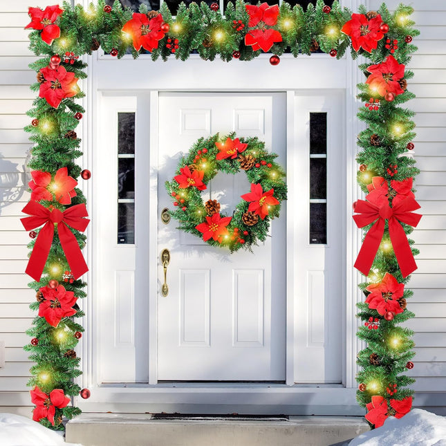 Yingzhao 2 Pcs Pre-lit 9ft Christmas Garlands with 17.7'' Artificial Xmas Wreath Poinsettia Christmas Garland Decorations with Large Red Bows Wreath Hanger for Holiday Fireplace Pathway Home Decor