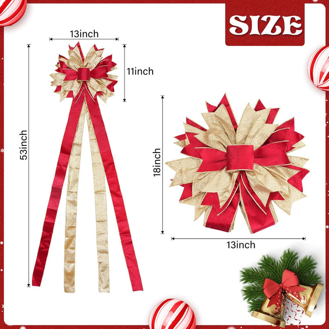 Christmas Tree Topper Bow with Streamers, 53x13 Inches Xmas Large Topper Bow Red Velvet Bows with Glitter Powder for Xmas Ornament Indoor/Outdoor Decor