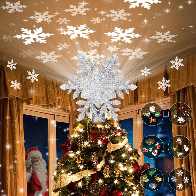 Christmas Tree Topper Lighted with 6 Projection Modes,Christmas Star Tree Topper Built-in LED Rotating Projector Lights 3D Christmas Tree Decorations for Xmas Party Holiday Decor(Silver Snowflake)