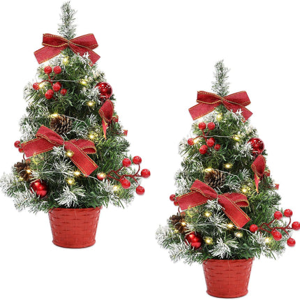 2 Pack GRANDEAL 20 Inch Lighted Tabletop Mini Christmas Tree with Timer 20 LEDs Artificial Small Christmas Tree with Lights, Bow Ball Ornaments Christmas Decorations Xmas Tree Room Office Home Decor
