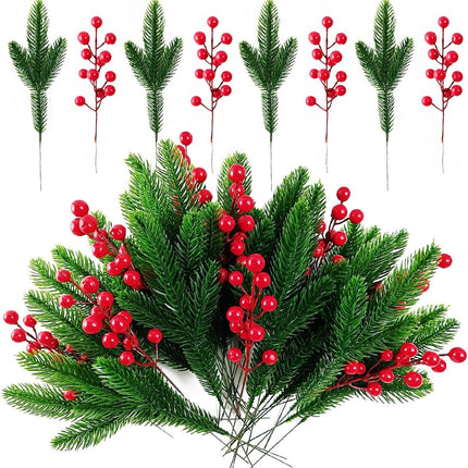 32PCS Artificial Pine Branches Christmas Holly Berries Artificial Red Berry Stems for Christmas Wreath Decorations Xmas Tree Decoration